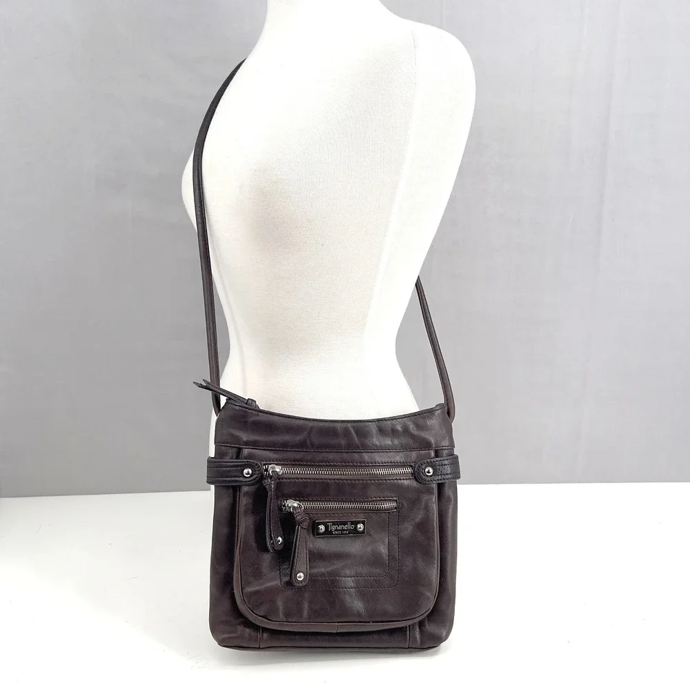 Tignanello Womens Crossbody Bag Dark Brown Leather Multi-Pocket Small-Medium